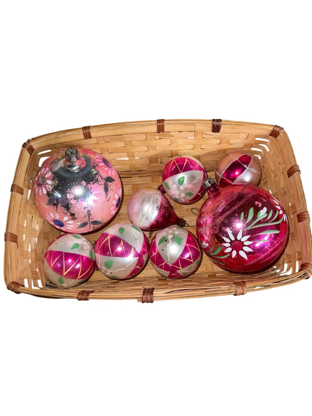 Vintage Pink Glass Holiday Ornament Set - Hand-Painted Pink Ornaments